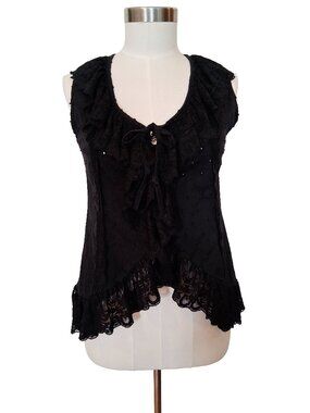 Vtg 90s Boho Western Black Eyelet & Ruffled Lace Sleeveless Top or Vest Small